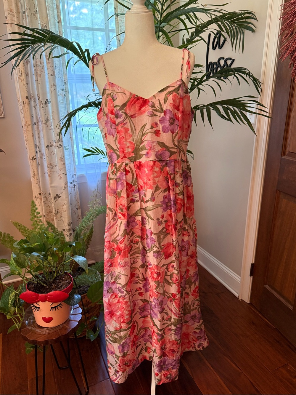 Jolie Floral Pink & Purple Midi Dress with Tie Straps